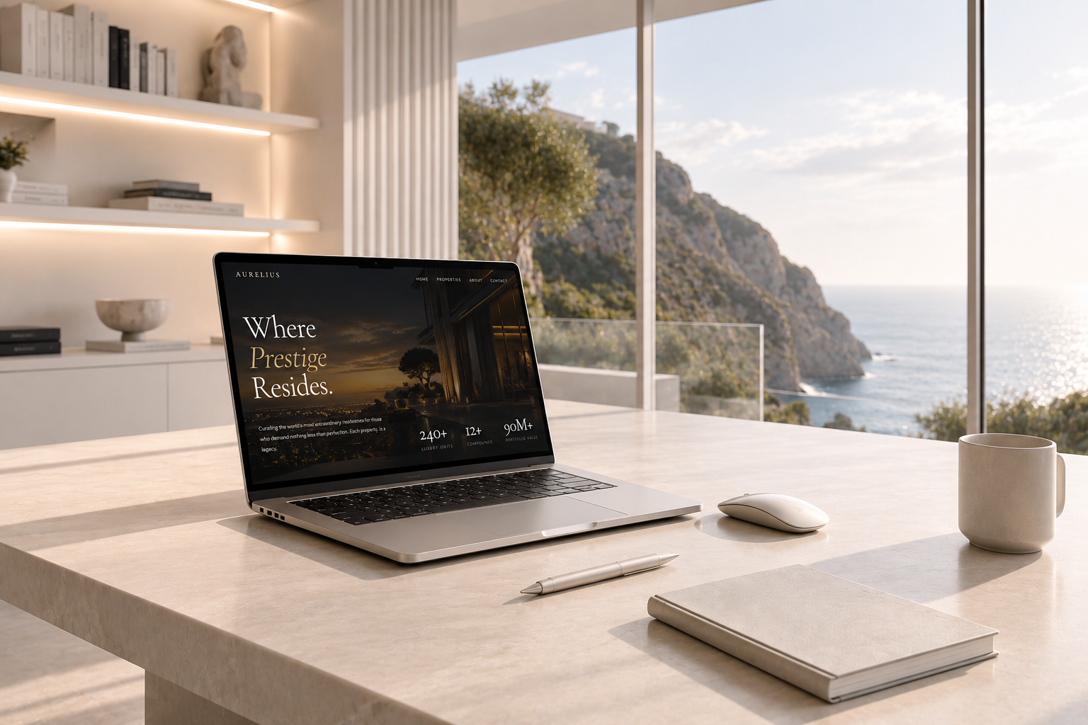 Laptop on a stone desk showing a premium website design