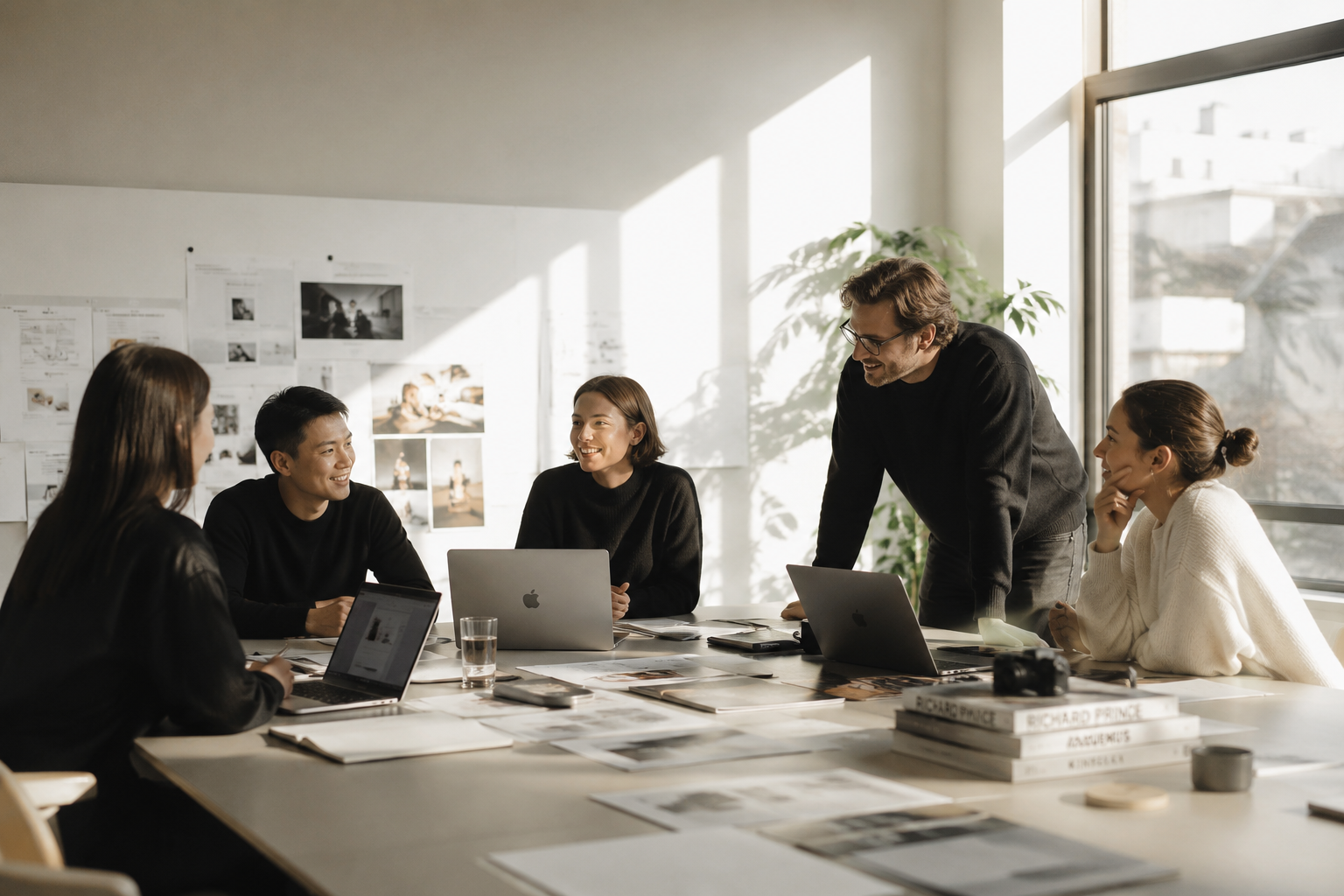 A small team collaborating around a sunlit studio table